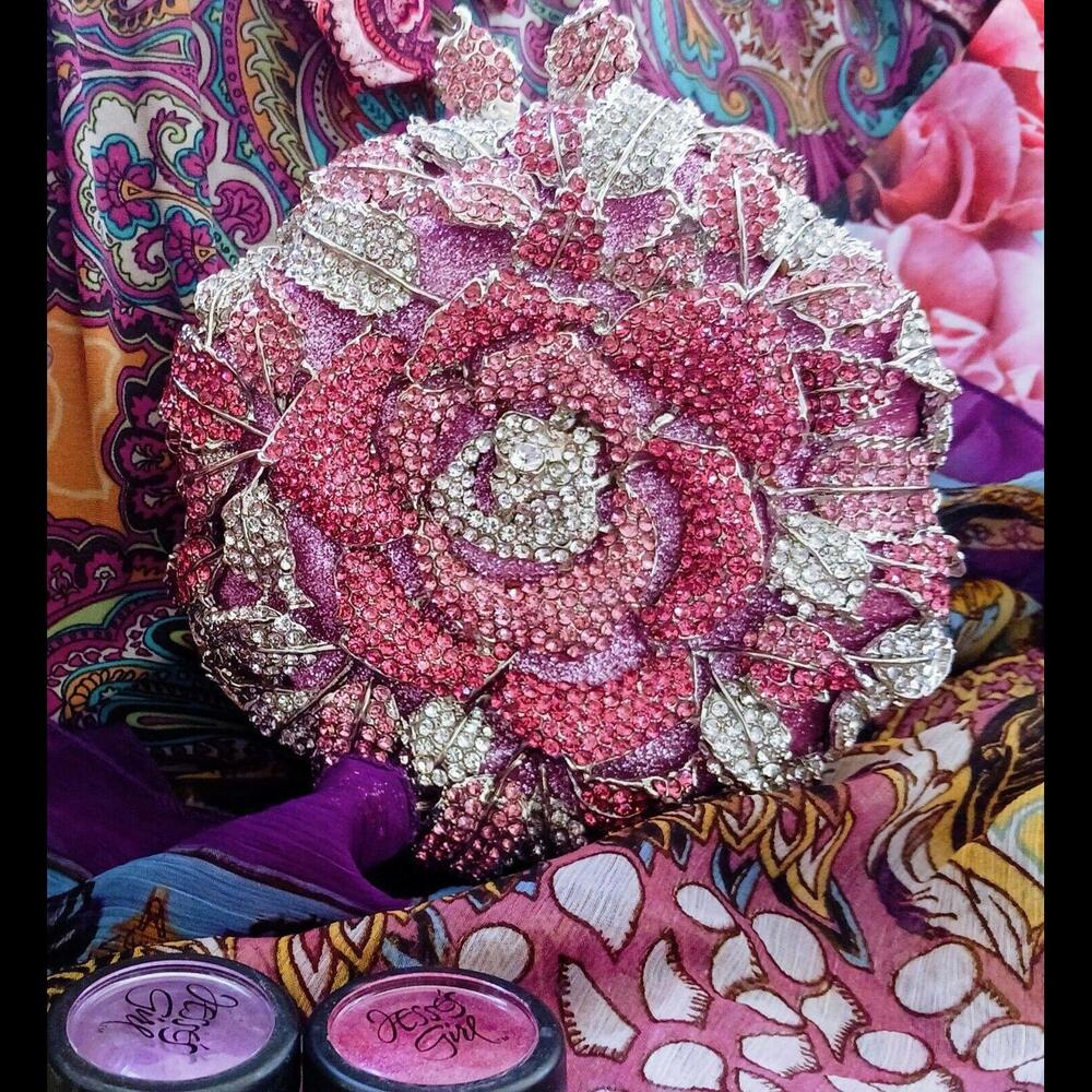 Pink/White‎ Allover Crystal Bejeweled Rose Floral Handbag Purse